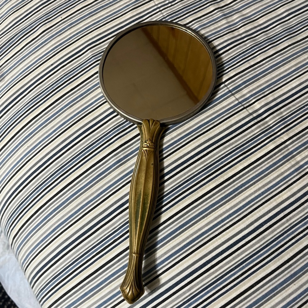 Vintage Brass Hand Mirror Double Sided Gold Silver Art Nouveau Bathroom Vanity